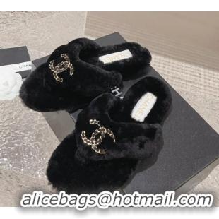 Super Quality Chanel Shearling Wool Flat Thong Slide Sandals with Chain Black 091133