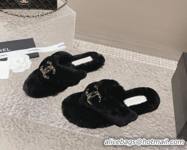 Super Quality Chanel Shearling Wool Flat Thong Slide Sandals with Chain Black 091133