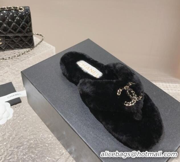 Super Quality Chanel Shearling Wool Flat Thong Slide Sandals with Chain Black 091133