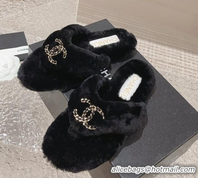 Super Quality Chanel Shearling Wool Flat Thong Slide Sandals with Chain Black 091133