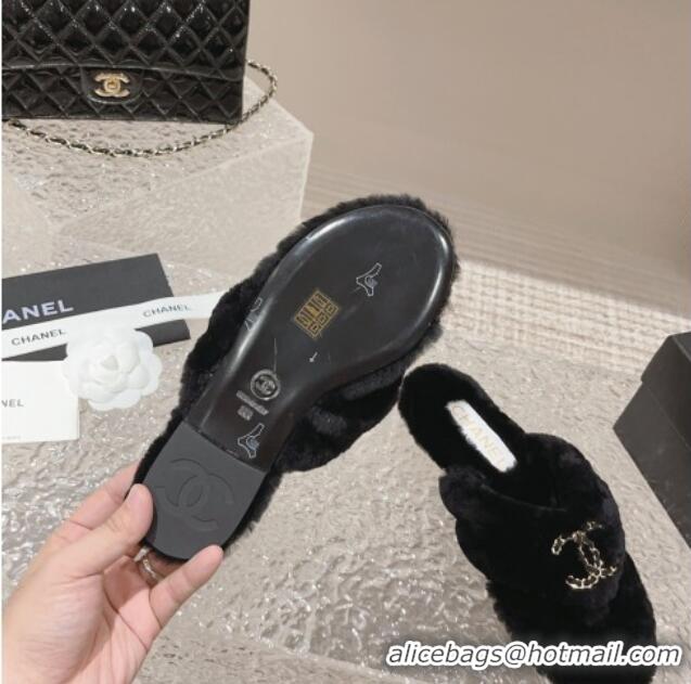 Super Quality Chanel Shearling Wool Flat Thong Slide Sandals with Chain Black 091133