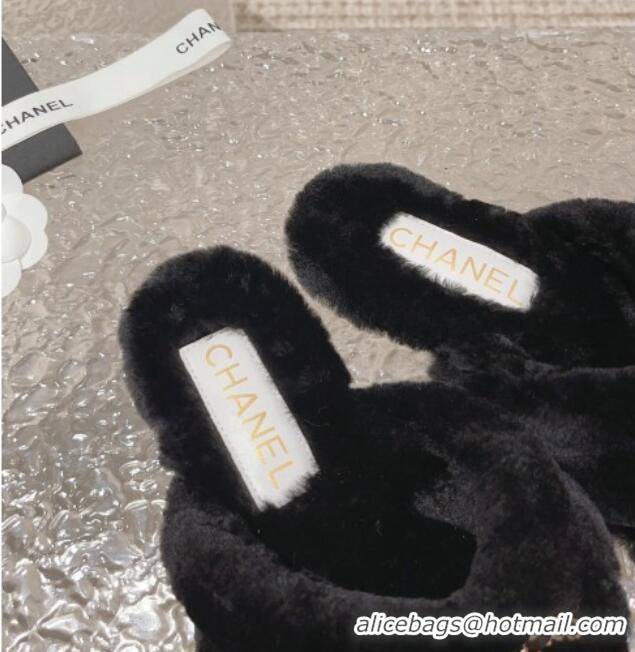 Super Quality Chanel Shearling Wool Flat Thong Slide Sandals with Chain Black 091133