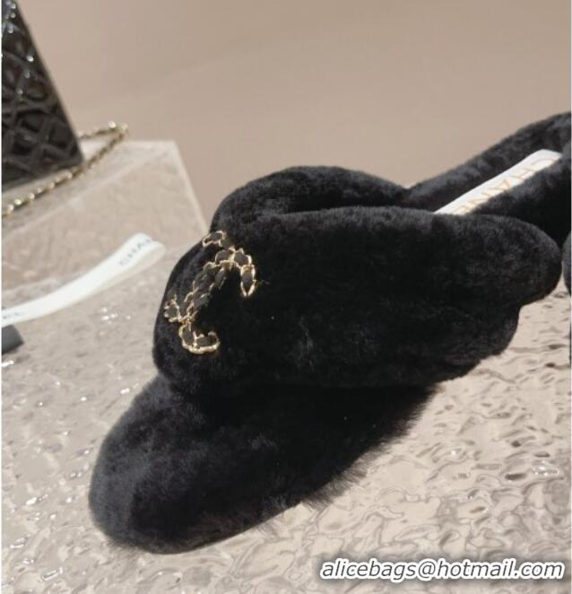 Super Quality Chanel Shearling Wool Flat Thong Slide Sandals with Chain Black 091133