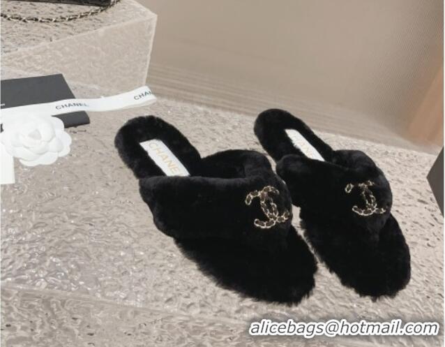 Super Quality Chanel Shearling Wool Flat Thong Slide Sandals with Chain Black 091133