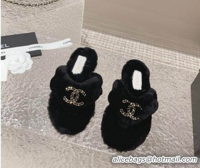 Super Quality Chanel Shearling Wool Flat Thong Slide Sandals with Chain Black 091133