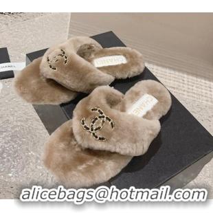 Top Quality Chanel Shearling Wool Flat Thong Slide Sandals with Chain Beige 291134