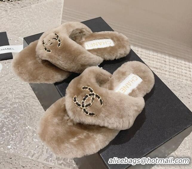 Top Quality Chanel Shearling Wool Flat Thong Slide Sandals with Chain Beige 291134