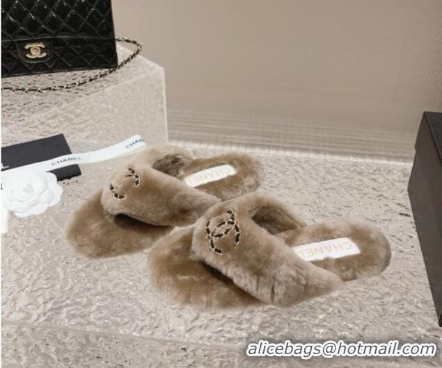 Top Quality Chanel Shearling Wool Flat Thong Slide Sandals with Chain Beige 291134