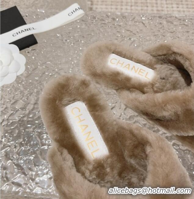 Top Quality Chanel Shearling Wool Flat Thong Slide Sandals with Chain Beige 291134