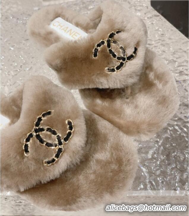 Top Quality Chanel Shearling Wool Flat Thong Slide Sandals with Chain Beige 291134