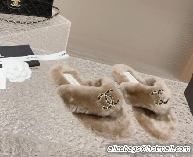 Top Quality Chanel Shearling Wool Flat Thong Slide Sandals with Chain Beige 291134