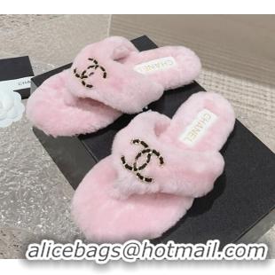 Most Popular Chanel Shearling Wool Flat Thong Slide Sandals with Chain Light Pink 291135