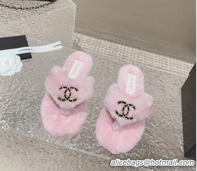 Most Popular Chanel Shearling Wool Flat Thong Slide Sandals with Chain Light Pink 291135