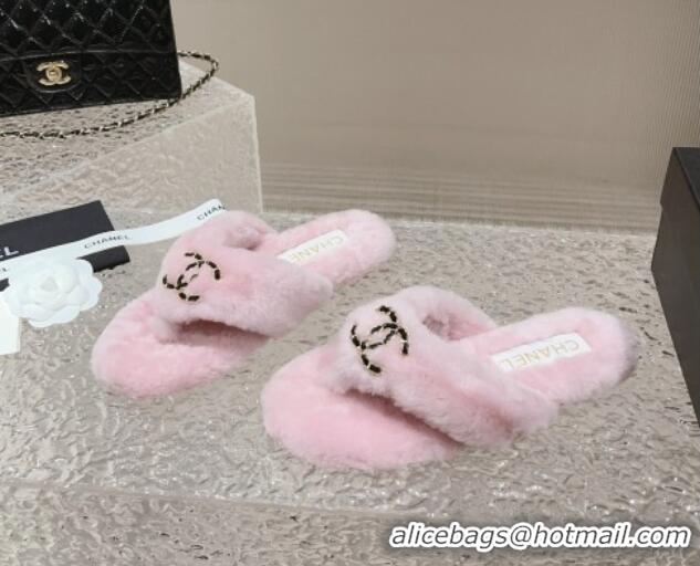 Most Popular Chanel Shearling Wool Flat Thong Slide Sandals with Chain Light Pink 291135