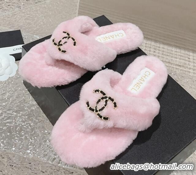 Most Popular Chanel Shearling Wool Flat Thong Slide Sandals with Chain Light Pink 291135