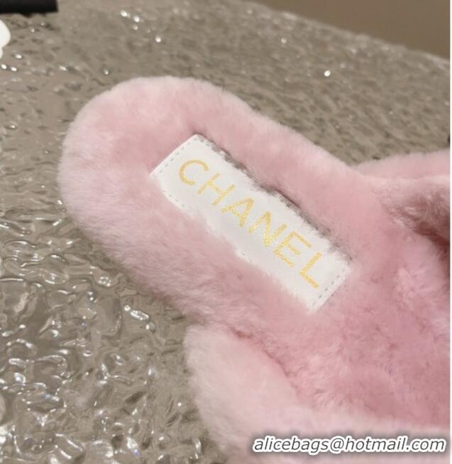 Most Popular Chanel Shearling Wool Flat Thong Slide Sandals with Chain Light Pink 291135