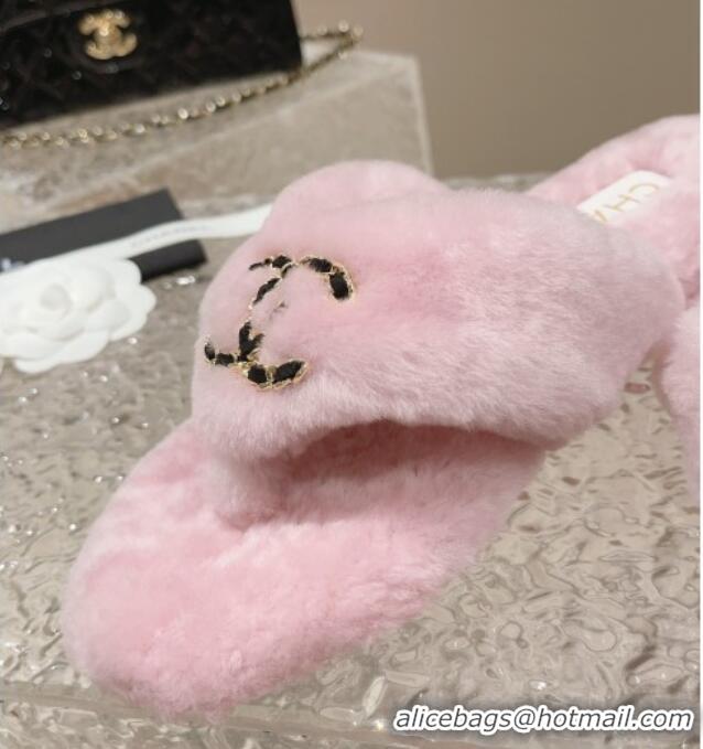 Most Popular Chanel Shearling Wool Flat Thong Slide Sandals with Chain Light Pink 291135