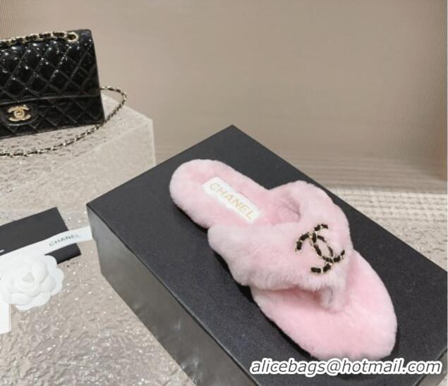 Most Popular Chanel Shearling Wool Flat Thong Slide Sandals with Chain Light Pink 291135