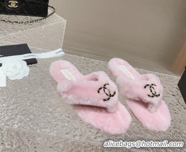 Most Popular Chanel Shearling Wool Flat Thong Slide Sandals with Chain Light Pink 291135