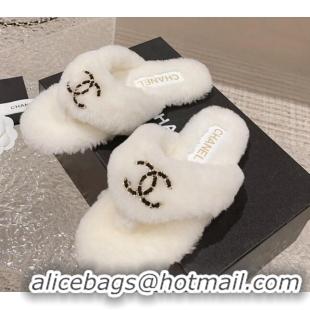 Good Looking Chanel Shearling Wool Flat Thong Slide Sandals with Chain White 091136