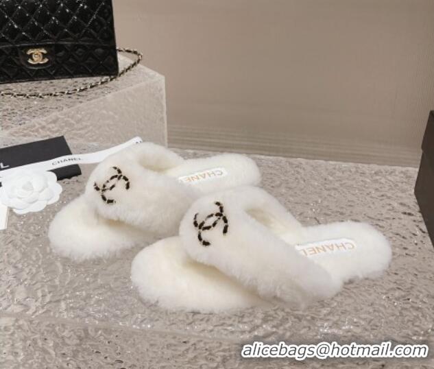 Good Looking Chanel Shearling Wool Flat Thong Slide Sandals with Chain White 091136