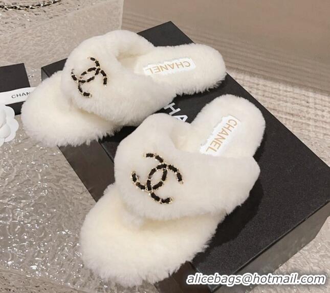 Good Looking Chanel Shearling Wool Flat Thong Slide Sandals with Chain White 091136