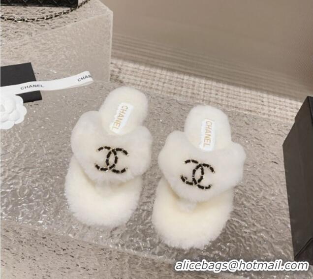 Good Looking Chanel Shearling Wool Flat Thong Slide Sandals with Chain White 091136