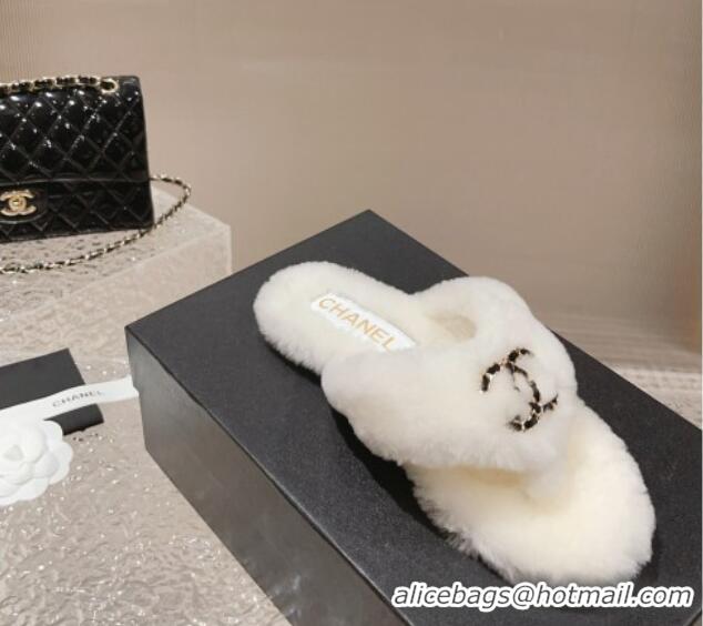 Good Looking Chanel Shearling Wool Flat Thong Slide Sandals with Chain White 091136