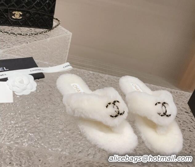 Good Looking Chanel Shearling Wool Flat Thong Slide Sandals with Chain White 091136