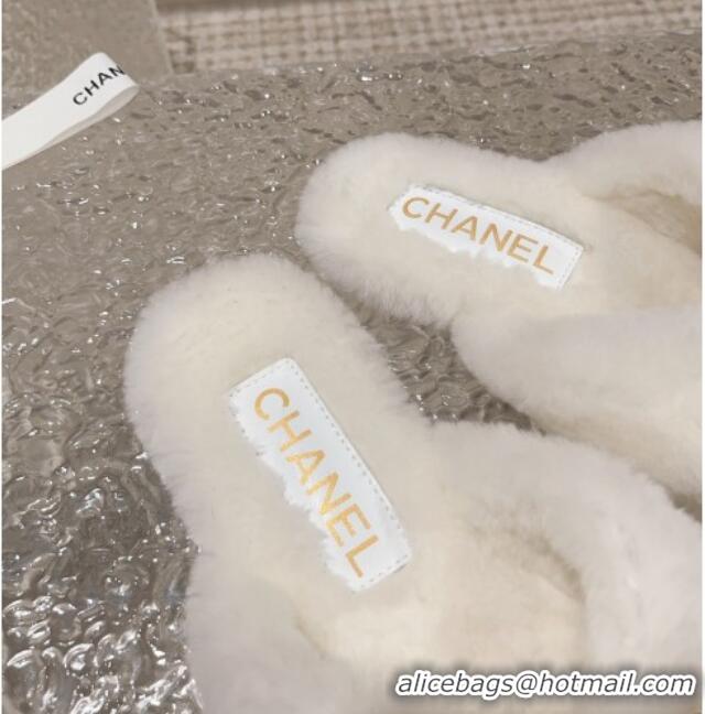 Good Looking Chanel Shearling Wool Flat Thong Slide Sandals with Chain White 091136