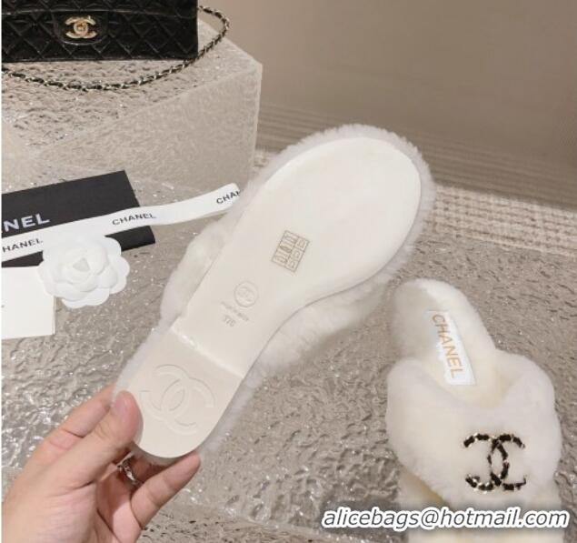 Good Looking Chanel Shearling Wool Flat Thong Slide Sandals with Chain White 091136