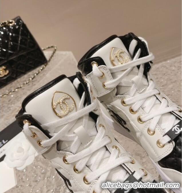 Unique Style Chanel Quilted Calfskin High-top Sneakers with Pearls CC White1/Black 091137