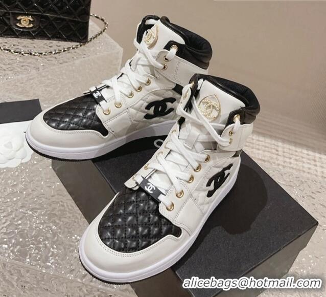 Unique Style Chanel Quilted Calfskin High-top Sneakers with Pearls CC White1/Black 091137