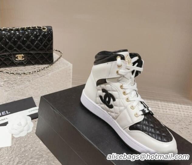 Unique Style Chanel Quilted Calfskin High-top Sneakers with Pearls CC White1/Black 091137