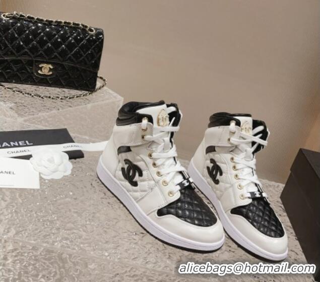 Unique Style Chanel Quilted Calfskin High-top Sneakers with Pearls CC White1/Black 091137