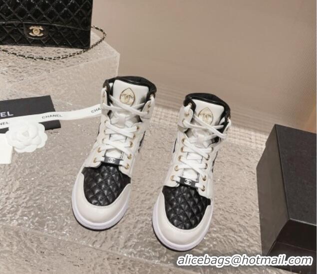 Unique Style Chanel Quilted Calfskin High-top Sneakers with Pearls CC White1/Black 091137