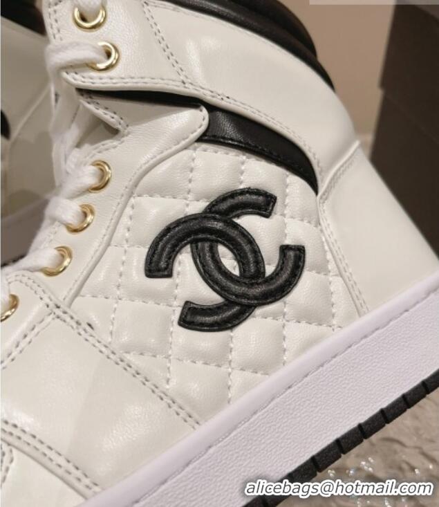 Unique Style Chanel Quilted Calfskin High-top Sneakers with Pearls CC White1/Black 091137