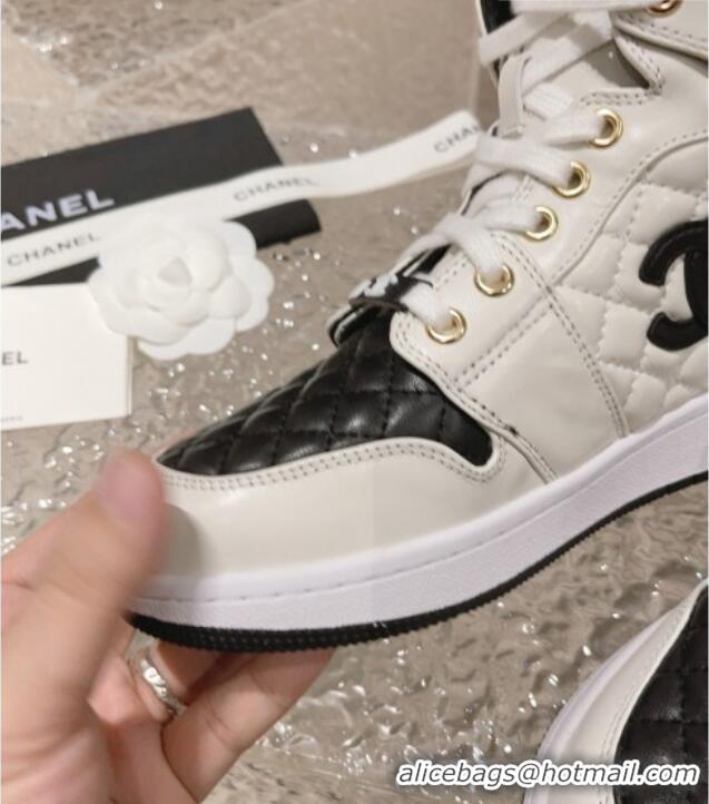 Unique Style Chanel Quilted Calfskin High-top Sneakers with Pearls CC White1/Black 091137