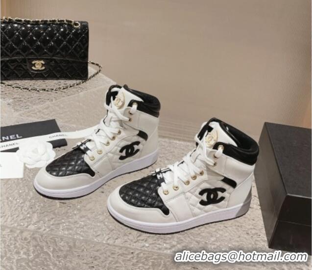 Unique Style Chanel Quilted Calfskin High-top Sneakers with Pearls CC White1/Black 091137