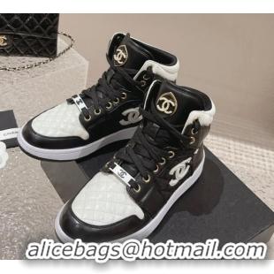 Luxurious Chanel Quilted Calfskin High-top Sneakers with Pearls CC White2/Black 091138