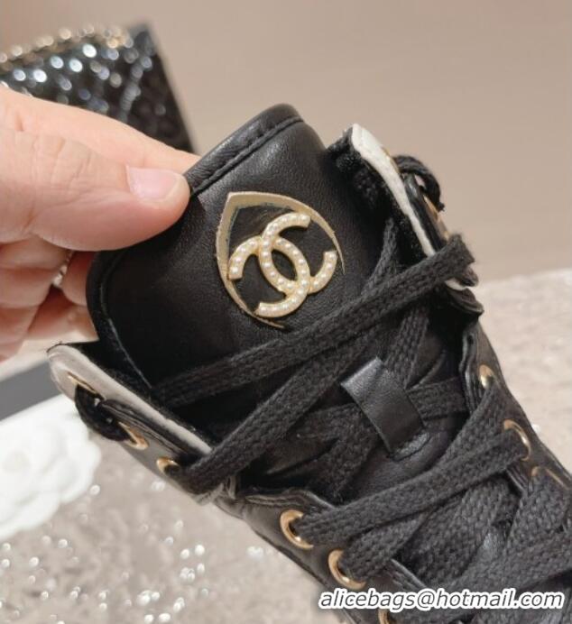 Luxurious Chanel Quilted Calfskin High-top Sneakers with Pearls CC White2/Black 091138