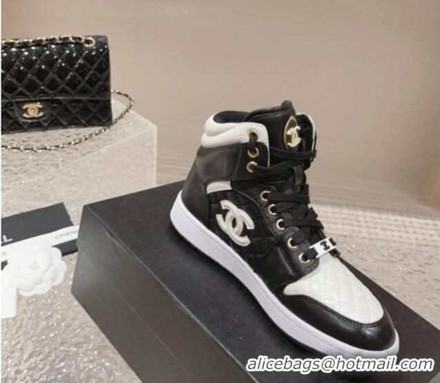 Luxurious Chanel Quilted Calfskin High-top Sneakers with Pearls CC White2/Black 091138