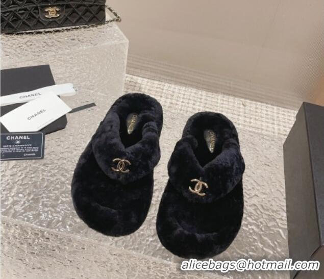 Comfortable Chanel Wool Platform Thong Slide Sandals Black 91141