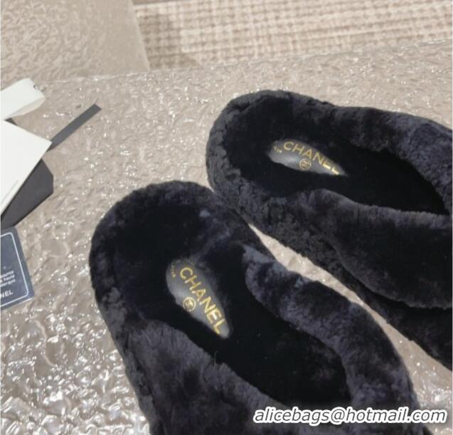 Comfortable Chanel Wool Platform Thong Slide Sandals Black 91141