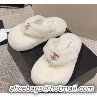 Perfect Chanel Wool Platform Thong Slide Sandals White 091142