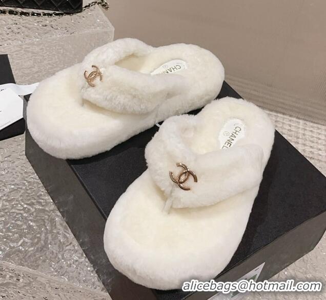 Perfect Chanel Wool Platform Thong Slide Sandals White 091142