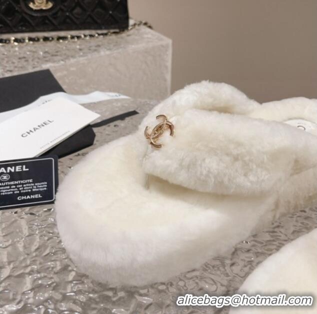 Perfect Chanel Wool Platform Thong Slide Sandals White 091142