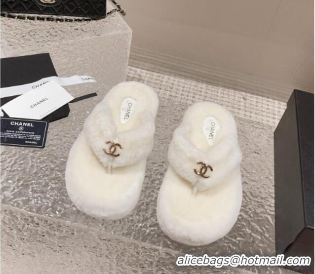 Perfect Chanel Wool Platform Thong Slide Sandals White 091142