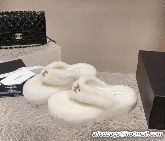 Perfect Chanel Wool Platform Thong Slide Sandals White 091142