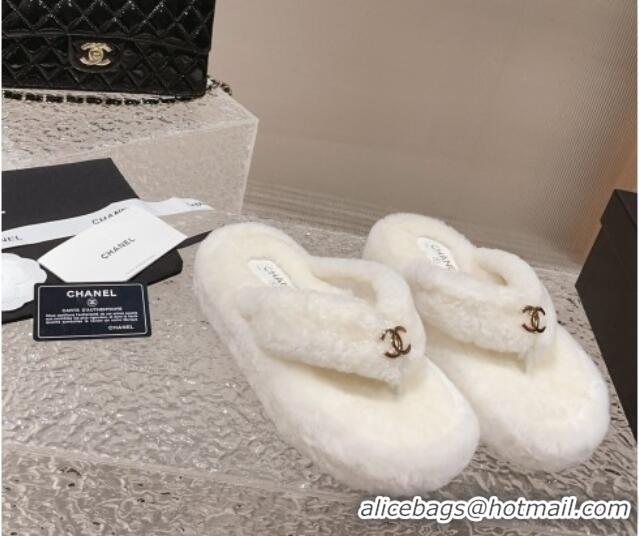 Perfect Chanel Wool Platform Thong Slide Sandals White 091142